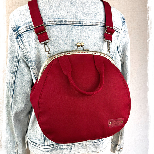 62.受注制作/送料込 3waybag ワインレッド25cmがま口リュック