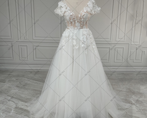 Vネック 上品 エレガント ウェディングドレス Aラインドレス 669