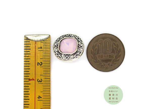 【再販】20mm スクエアミルキーピンクラインストーンとクリスタルラインストーンの銀古美スナップボタン#BUS-0030 3枚目の画像