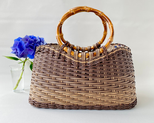 【花火大会】TOBECHIC トゥービーシック かごバッグ バンブーハンドル 受注製作】ライトチョコミックス・バンブーハンドルかごバッグ