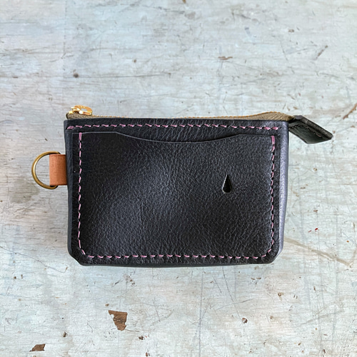 手縫い小さなファスナー革財布】ブラック・コンパクト・お財布ポーチ