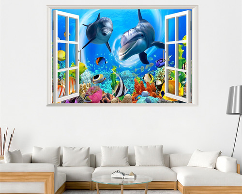 ウォールステッカー SH54 3D窓 海底 イルカ 魚 珊瑚 癒す DIY 壁紙