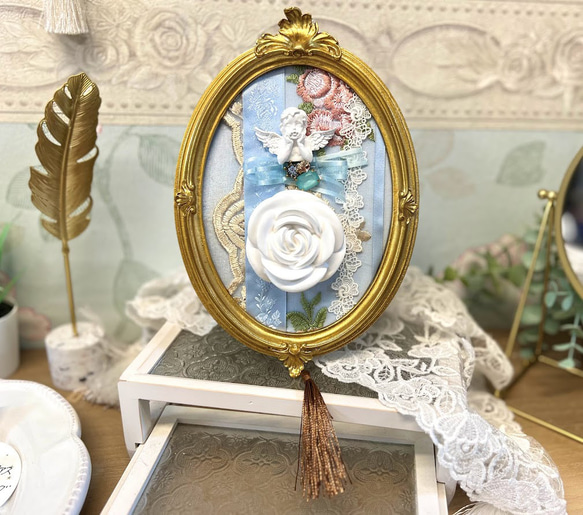 薔薇とミニ天使のアロマストーンタイプ　アンティークフレーム　アロマオイル付き 5枚目の画像