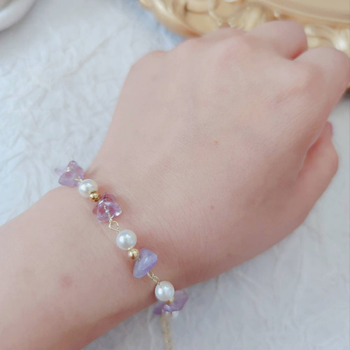 14k 美しい パープル サファイアのブレスレット さざれ石 天然石
