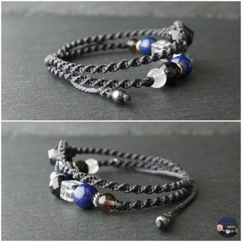 モリオン(黒水晶)＆オニキス＆ラピスラズリの二重マクラメブレスレット