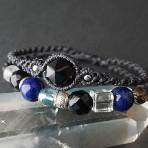 モリオン(黒水晶)＆オニキス＆ラピスラズリのお守り二重マクラメ