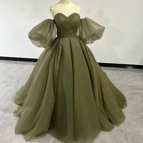 高品質！カラードレス グリーン ベアトップ トレーン ビスチェドレス  