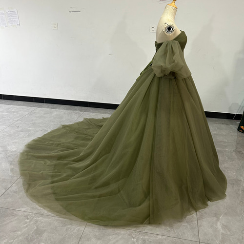 高品質！カラードレス グリーン ベアトップ トレーン ビスチェドレス  