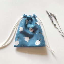 シマエナガ 巾着＆ハーブ 香りのサシェ 2種類 詰替可 リラックス 裏地付き 青 1枚目の画像