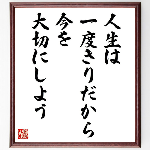 名言「人生は一度きりだから、今を大切にしよう」手書き書道色紙額