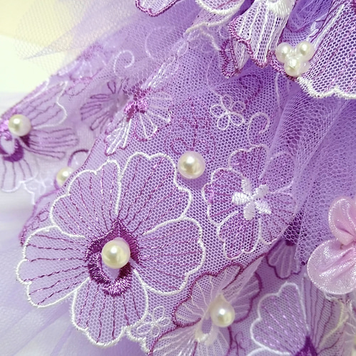 288一点物ミニチュアウェディングドレス☆紫パープル花刺繍チュール