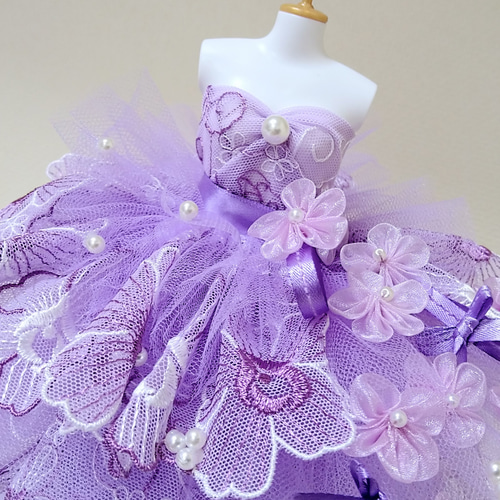 288一点物ミニチュアウェディングドレス☆紫パープル花刺繍チュール