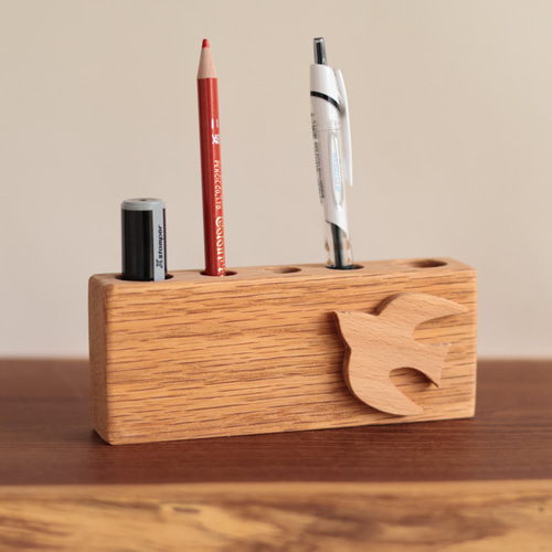 小鳥の木製 ペン立て・印鑑スタンド メモホルダー付き（IN-505