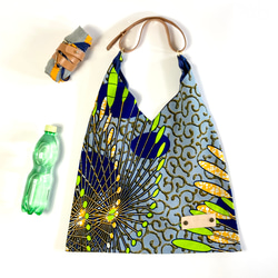 ［Epidote]African print × Real leather Folding bag  blue/stp 1枚目の画像