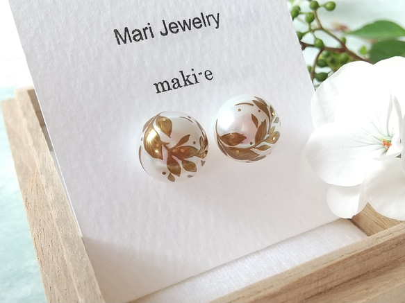 蒔絵パールピアス / 風と木の葉 / maki-e pearl earrings / leaves 5枚目の画像