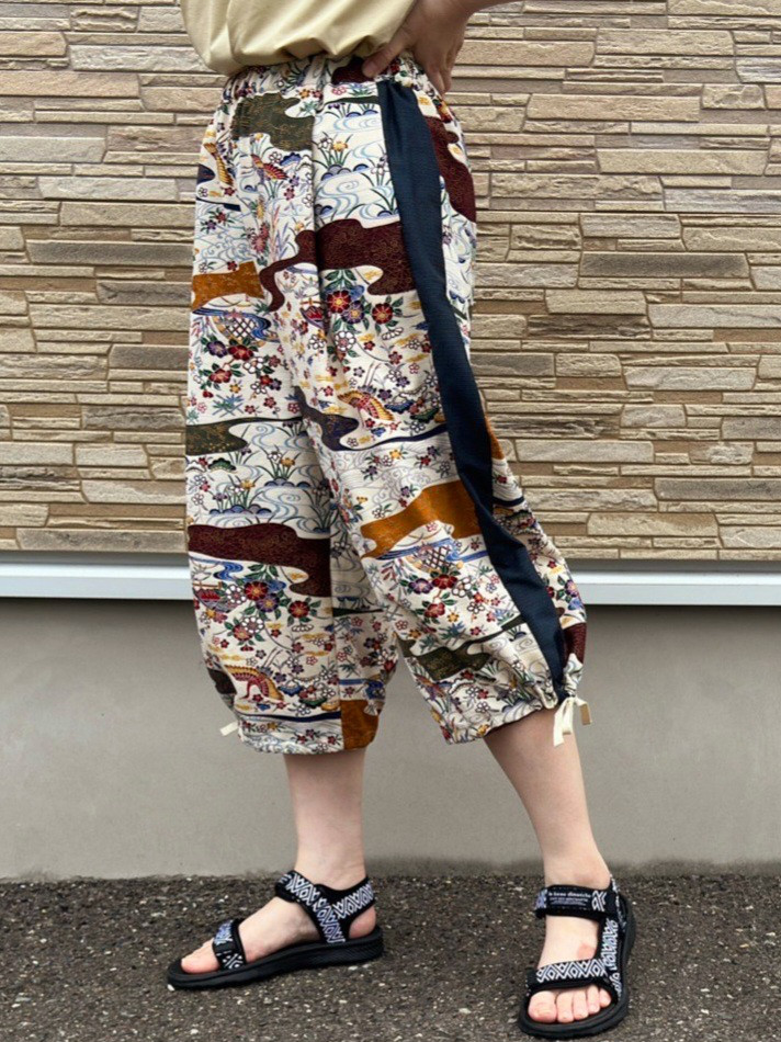 クロップドパンツ サイド切替 半端丈リラックスパンツ 紅型 大島紬 着物 M～L