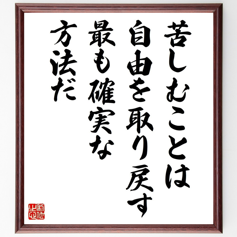 名言「苦しむことは、自由を取り戻す、最も確実な方法だ」手書き書道色紙額／受注後の毛筆直筆（V5008）