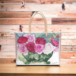 [訂做]「粉玫瑰與綠色仿古玻璃」義大利乙烯基或皮革手提包 第1張的照片