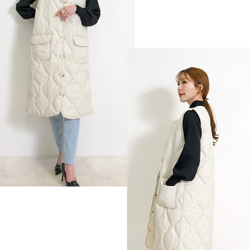 SALE】ゴールド釦 キルティング ロングベスト ノーカラージレ SALE】ゴールド釦 キルティング ロングベスト ノーカラージレ
