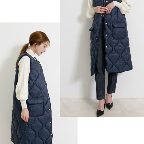 SALE】ゴールド釦 キルティング ロングベスト ノーカラージレ SALE】ゴールド釦 キルティング ロングベスト ノーカラージレ