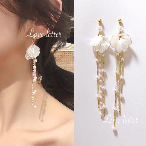 マーメイドシェルパールビジューロングピアス イヤリング 韓国 人魚姫  