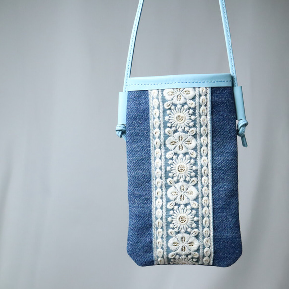 かわいい スマホショルダー デニム リメイク 刺繍レース 本革