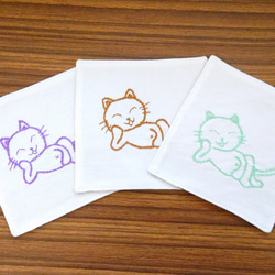 【送料無料】コースター 手刺し 繰り返し洗って使える　猫　日本製　プチギフト　限定品 1枚目の画像