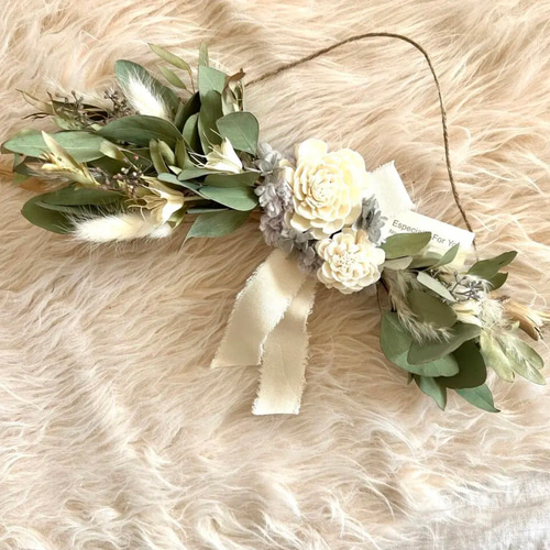 ユーカリとホワイトコンパクター　ナチュラルスワッグ　横長スワッグ ホワイト＆グリーン ユーカリ香るシンプルでナチュラルなスワッグM