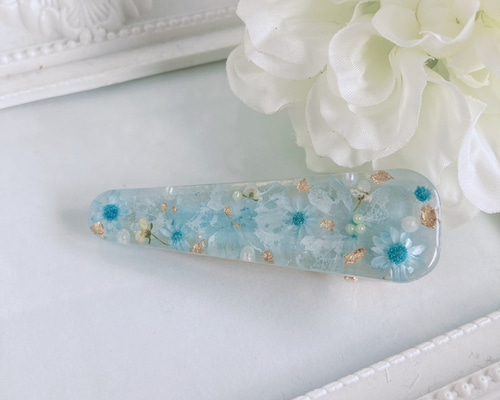 ドライフラワー 大人可愛い ミルキーブルー レジン ヘアクリップ ヘア