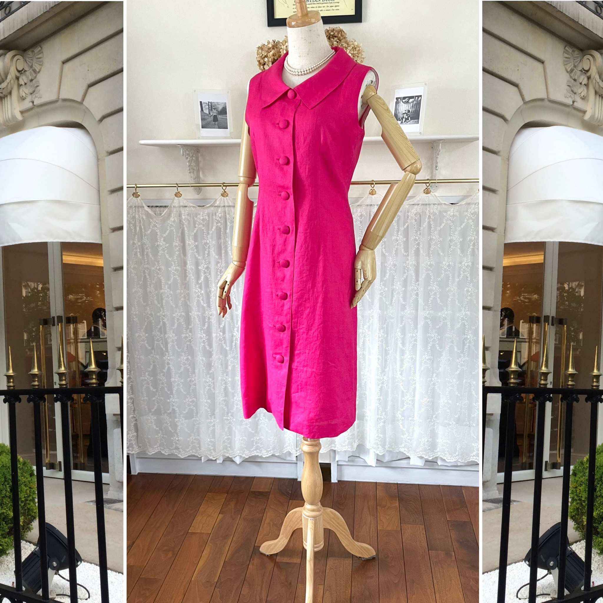 ♦️Sale!♦️パリからのリネンで襟付きノースリーブワンピース『アガタ・NS』前開き・ピンク・裏付き・麻のワンピース