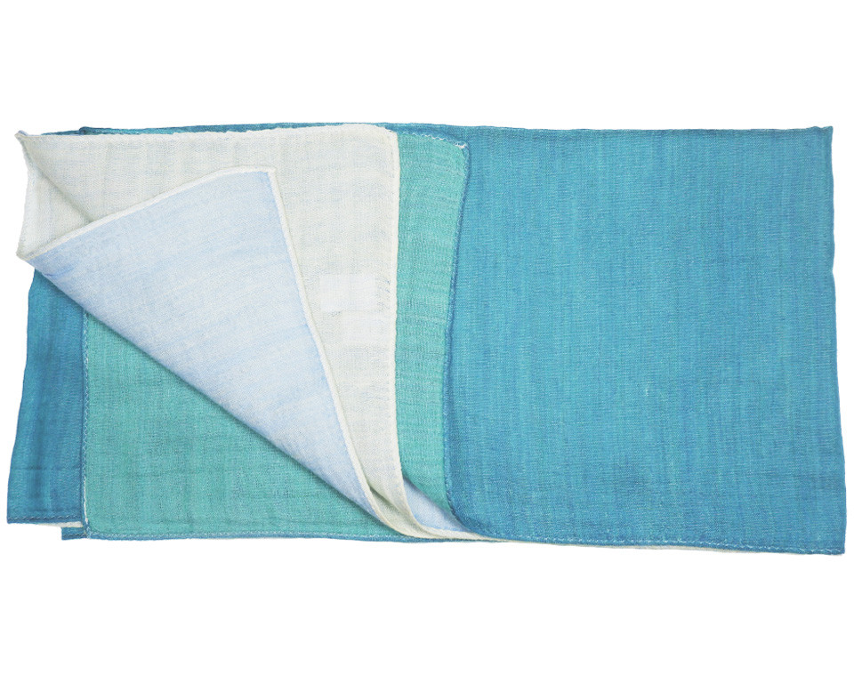 リバーシブル4色ストール　やすらぎえりまきウール×シルク　　ターコイズ×ブルー×水色×クリーム(yasuragi-22)