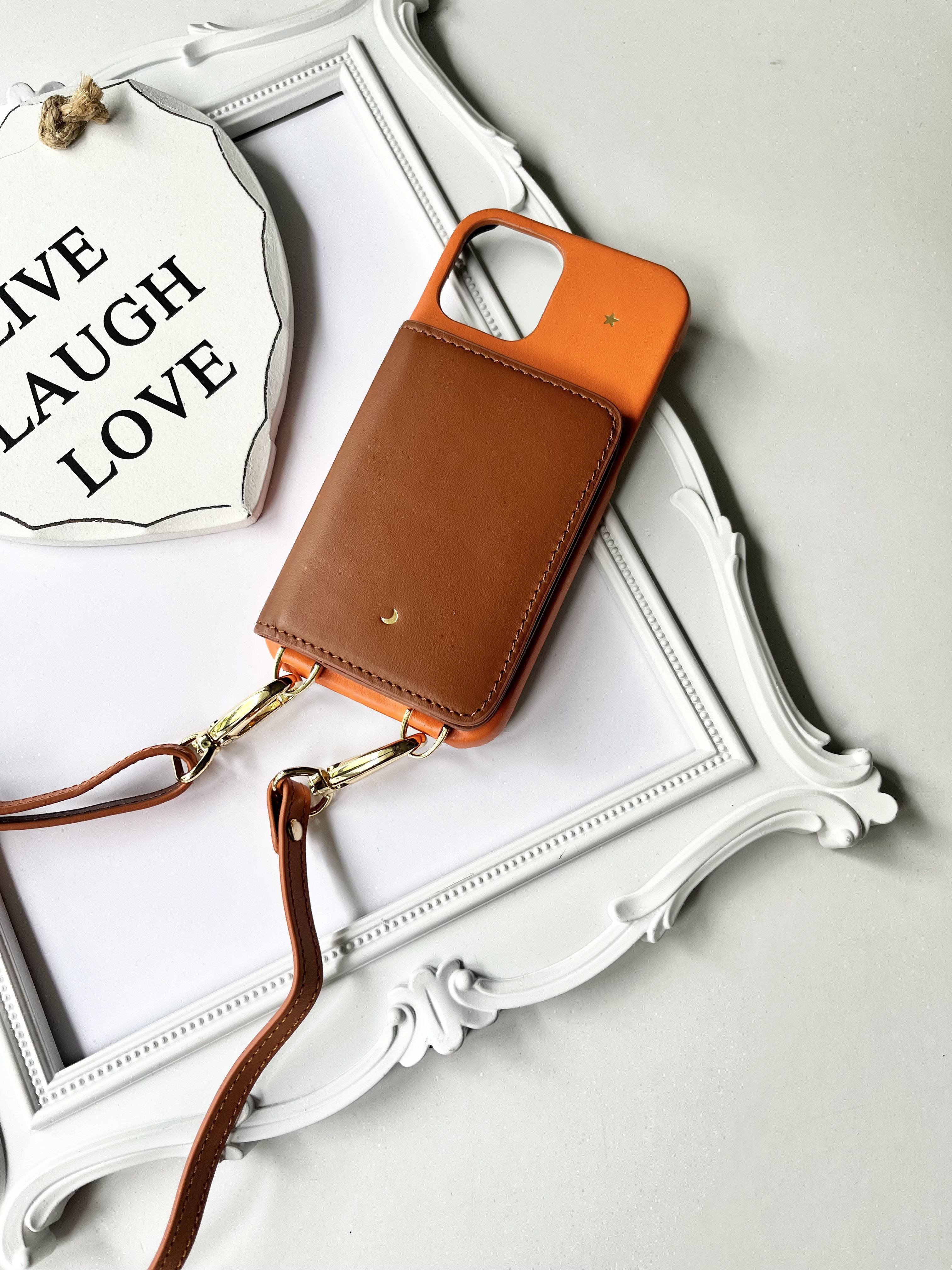 スマホショルダー　レザー　名入れ可　バイカラー　本革 　スマホケース  　iphoneケース　Orange+Brown