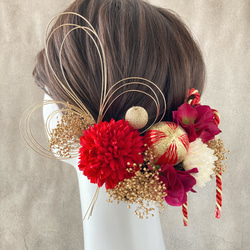 髪飾り　赤　ゴールド　成人式　卒業式　結婚式　和装　振袖　着物　袴　紐アレンジ　和玉　水引　かすみ草　KA-23032R 2枚目の画像