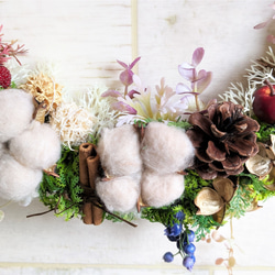 玄関リース　　ブラウンコットンリース　　秋リース,　クリスマスリース、　ニッチ、ギフトなど。 5枚目の画像