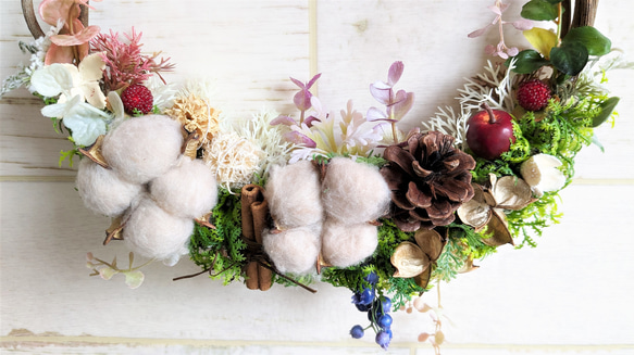 玄関リース　　ブラウンコットンリース　　秋リース,　クリスマスリース、　ニッチ、ギフトなど。 5枚目の画像