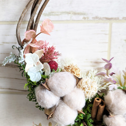 玄関リース　　ブラウンコットンリース　　秋リース,　クリスマスリース、　ニッチ、ギフトなど。 4枚目の画像