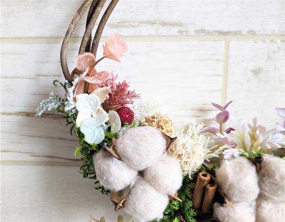 玄関リース　　ブラウンコットンリース　　秋リース,　クリスマスリース、　ニッチ、ギフトなど。 4枚目の画像