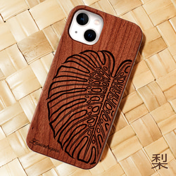 iPhone 【モンステラ】梨&桜ウッドケース　納期長め　木製　ハワイ　スマホケース 1枚目の画像