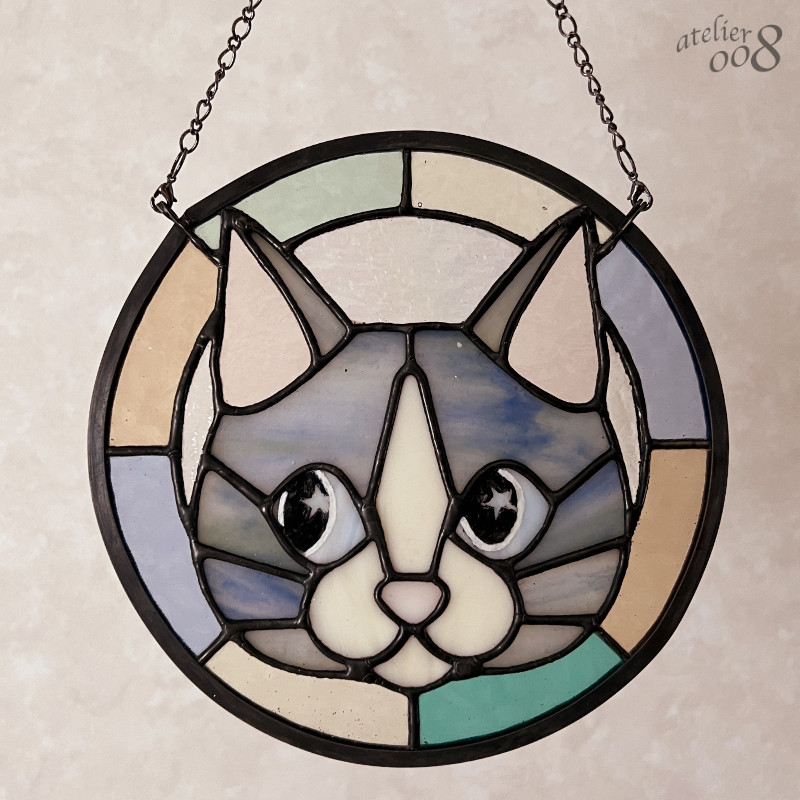 大判ヘレロ ステンドグラス ロッキー 眠り猫さん グラスマスターズ社