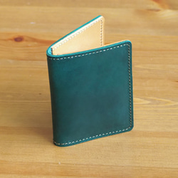 二つ折り カードケース パスケース 牛革 グリーン 1枚目の画像