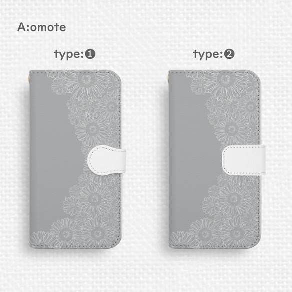 送料無料★向日葵レース模様のAndroid手帳型スマホケース アイスグレー 花 ラインアート 全機種対応 モノトーン 灰 2枚目の画像