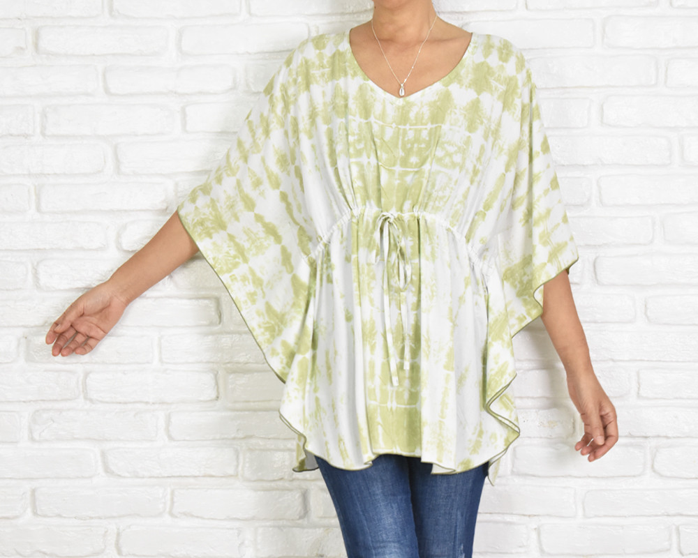 大人のタイダイ柄バタフライスリーブトップス　グリーン