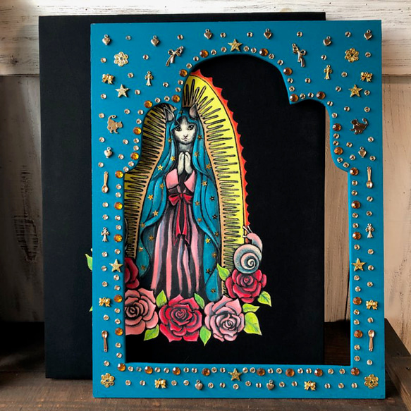 「グアダルーペの聖猫」F6サイズ アート作品 額付 原画 猫 徳島洋子作品 ★ 星月猫 