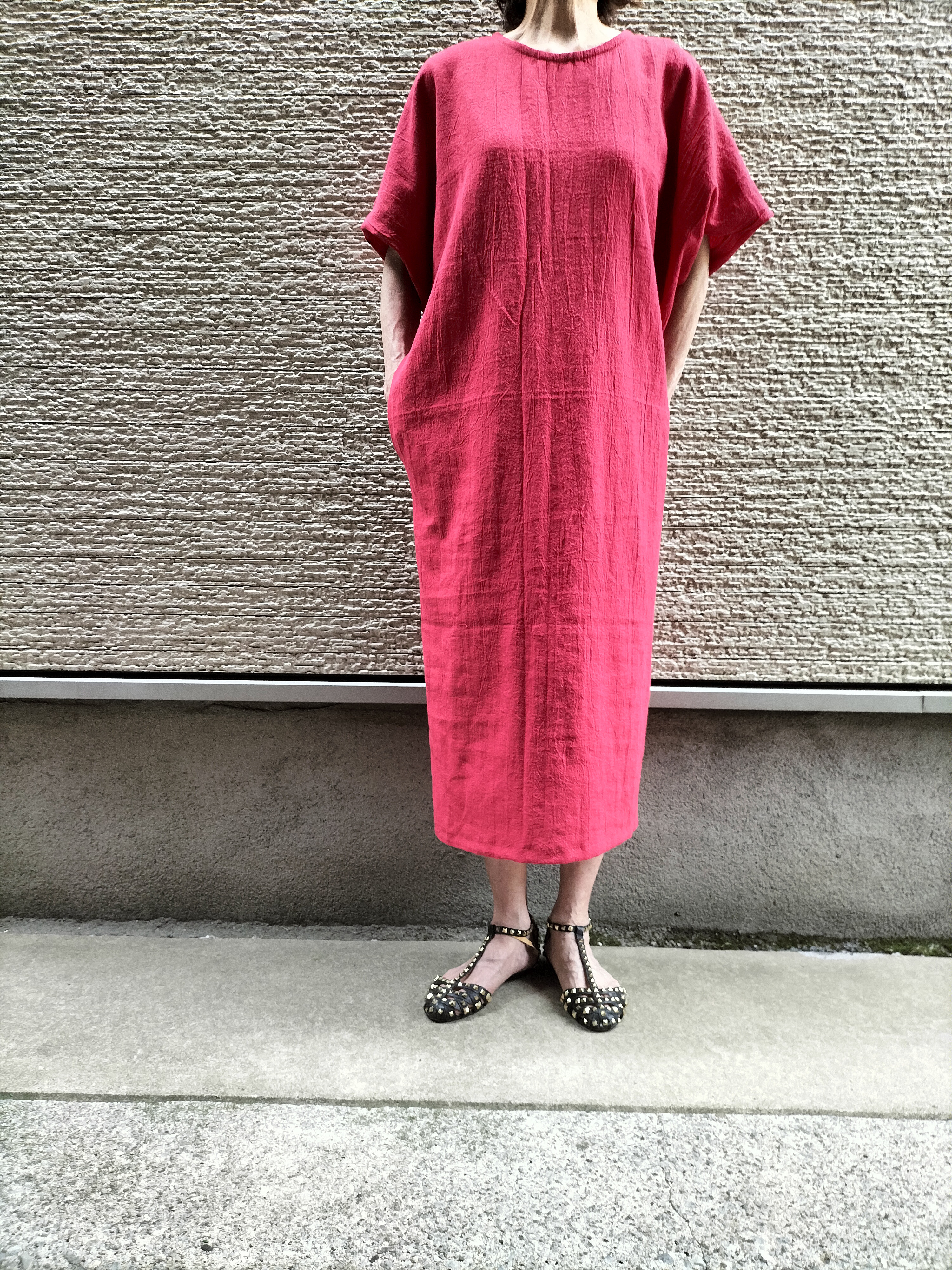 最終価格　リネンワンピース　赤　レッド 6L-7L□一年中着れるリネンウエストリボンワンピース□レッド