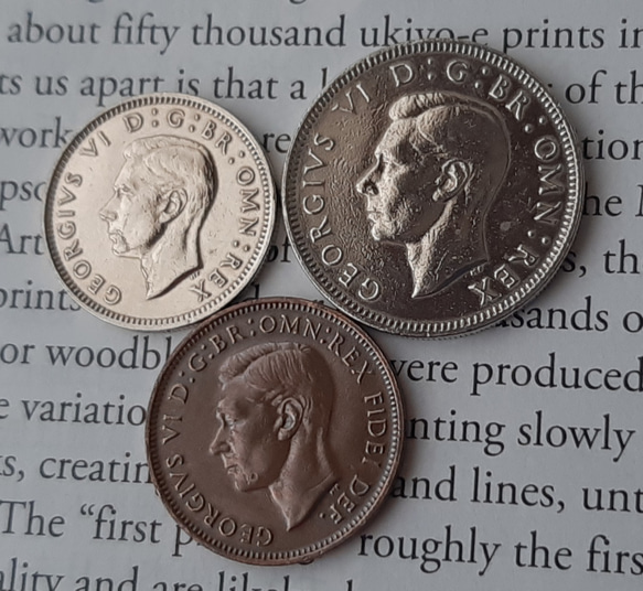 1951年 英国 3種類 コイン セット イギリス 3ペンス 6ペンス ファジング  ジョージ王 ブリティッシュ本物古銭 3枚目の画像