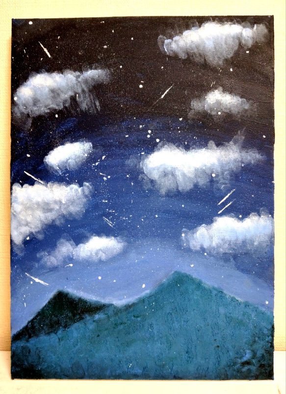 山の星空【原画】アクリル画 本体：綿 コットン 枠：松／松木24.2cm 