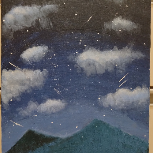 山の星空【原画】アクリル画 本体：綿 コットン 枠：松／松木24.2cm 
