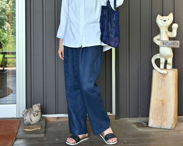 ベーシックストレート ☆リネンパンツ：ネイビー ロングパンツ