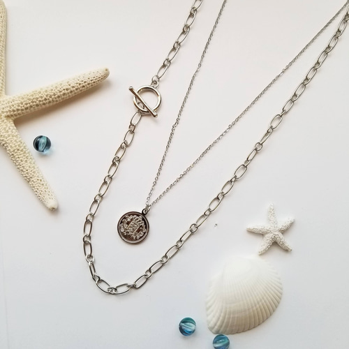 重ね付け3本セット｜ターコイズブルー＆コイン＆リングネックレス