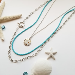 重ね付け3本セット｜ターコイズブルー＆コイン＆リングネックレス